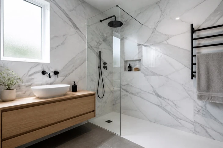 UV marble wall panels in a modern bathroom
