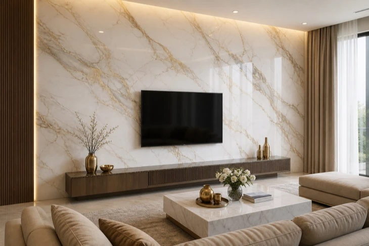 UV marble wall panels in a luxury living room